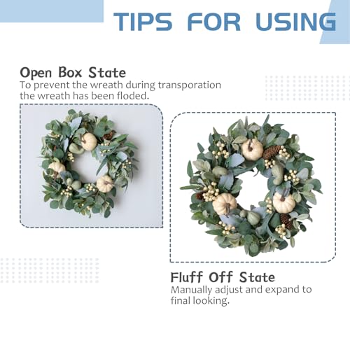 Egolot Ghirlanda Autunnale Di Zucca Di Eucalipto Da 45,7 Cm Per Porta D'ingresso, Ghirlanda Di Benvenuto Con Zucca Verde Bianca Per Interni Ed Esterni, Ghirlanda Con Foglie Di Eucalipto Per - 6