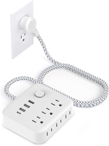 Cable de extensión con protector de sobretensiones  Barra de alimentación trenzada de enchufe plano con 6 tomas amplias y 4 puertos USB (1 USB C),