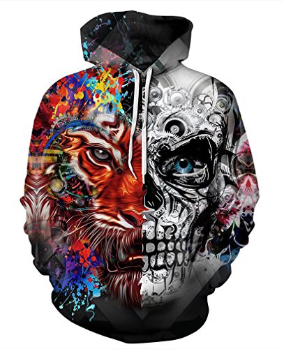 Unisex Hoodies Kapuzenpullover Damen 3D Druck Galaxy Langarm Sweatshirt Kapuzenjacke mit Taschen(Small/Medium, 1-Schädel Tiger)