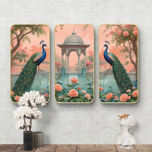 Image of Livin'luxe Set of 3 couple Peacock modern art Boho painting Premium Framed Laminated Wall paintings for living room, bedroom, home decoration, wall decoration 20 inch x 30 inch SP-34