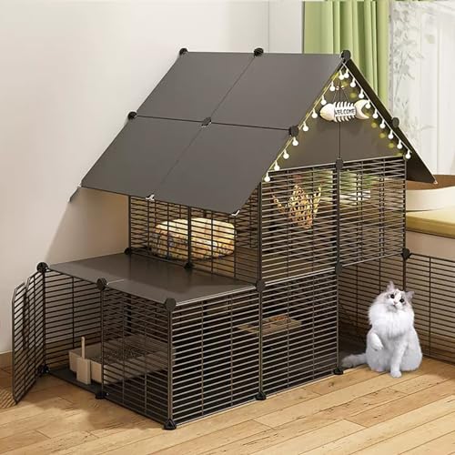 はしご付き2/3段折りたたみ式猫ケージ、DIY猫囲い、ペットベビーサークル、屋内、取り外し可能な金属ワイヤー小動物ケージ、1-3匹の猫に最適な運動場所(カラー:グレーA、サイズ:44x30x4