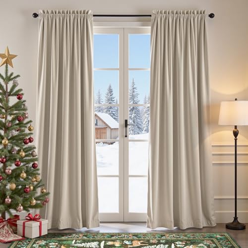 jinchan Velvet Curtain for Living Room, Beige Thermal Insulated Luxury Drape for Bedroom 84 Inch Long, Stylish Design Super Soft Privacy Room Darkening Window treatment Rod Pocket 1 Panel, Cream Beige