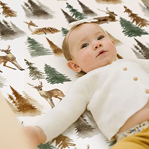 Grssder Stretchy Ultra Soft Jersey Knit Fitted Pack N Play Sheets Set 2 Pack, Portable/Mini Crib Sheets With Deep Pocket, Fitted Playard Mattress Safe And Snug, Stylish Watercolor Deer And Leaves thumb #4