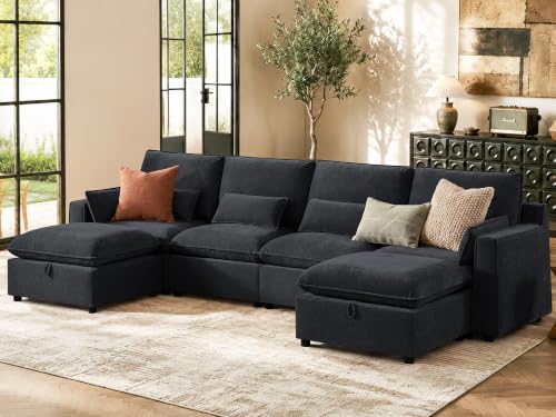 Image of WorthFurni Modern Modular Sectional Sofa,134 inch U Shape Sectional Cloud Couch with Storage Ottoman,Comfty 6 Seat Sofa for Living Room,Black Chenille