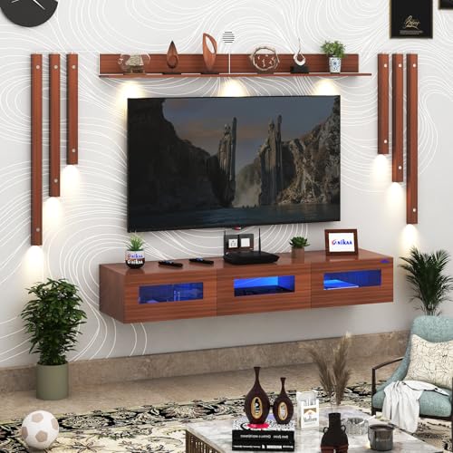 Image of Anikaa RayzaNote Engineered Wood Wall Mount TV Unit Acrylic Blue LED Storage Box, Side Wooden Accent Spot Light I Deal for Up to 50 Inch TV Walnut - DIY Installation