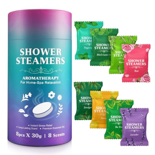 Shower Steamers Aromatherapy for Women and Men 8 Pack 8 Scents Shower Bombs with Natural Essential Oils for Home Spa Self Care Stress Relief and Relaxation Nasal Relief Birthday Gifts
