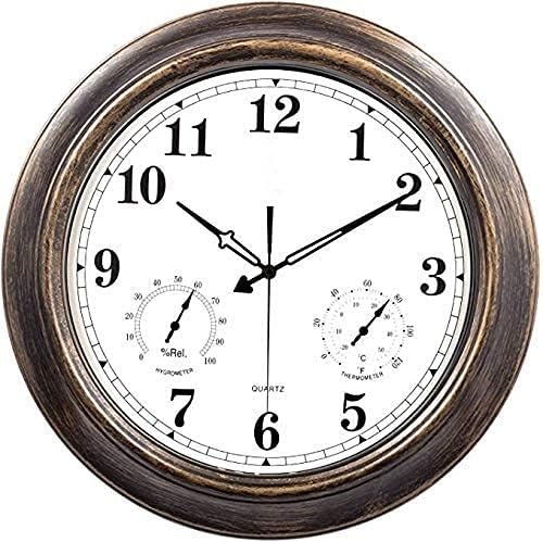 SBTXHJWCGLD Outdoor Garden Wall Clock, 18 Inch Large Retro Garden Clock with Thermometer and Hygrometer Waterproof Outdoor Clock Indoor Outdoor Decoration Outside Clock Mute Quartz Wall Clock