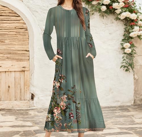 Women's Smocked Tiered Boho Floral Print Maxi Dress Spring Summer Casual Long Sleeve Crew Neck Dresses with 2 Pockets2