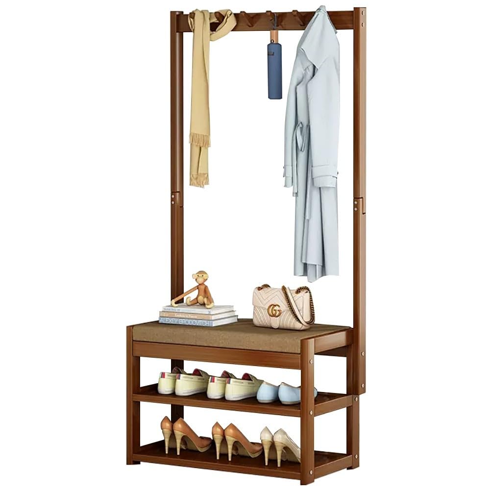Hall Tree Bench with 5 Hooks 2 Tier Shoe Rack and Shelf Freestanding Wooden Coat Rack for Hallway Easy Assembly