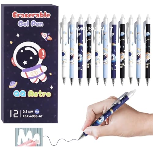 Image of FAMOUS QUALITY 12 Pc Astronaut Theme Stylish Retractable 0.5mm Erasable Gel Pen, Blue Ink | Smooth Writing | Refillable Gel Pen | Kawaii Stationery for Kids Birthday Party Return Gift - Blue Ink