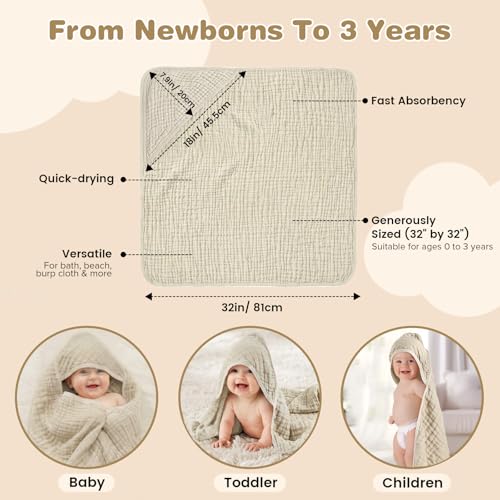 Image of Hooded Baby Bath Towels for Newborn, 2 Pack - 6-Layer 100% Muslin Cotton, Soft Absorbent Baby Towels with Hood for Babies, Infants & Toddlers, Large 32x32 Inch Unisex Newborn Baby Bath Essentials
