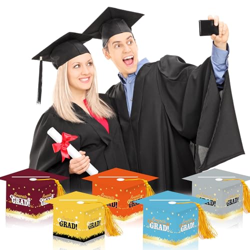 Image of 2026 Graduation Party Card Box, Orange Gold Congrats Cap Card Holder Box with Tassel for 2026 Graduation Party Decorations