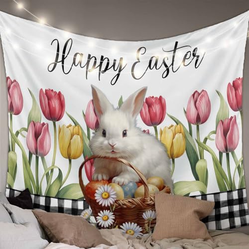 Ogeapare Easter Rabbit Tapestry Spring Tulip Flower Buffalo Plaid Tapestry