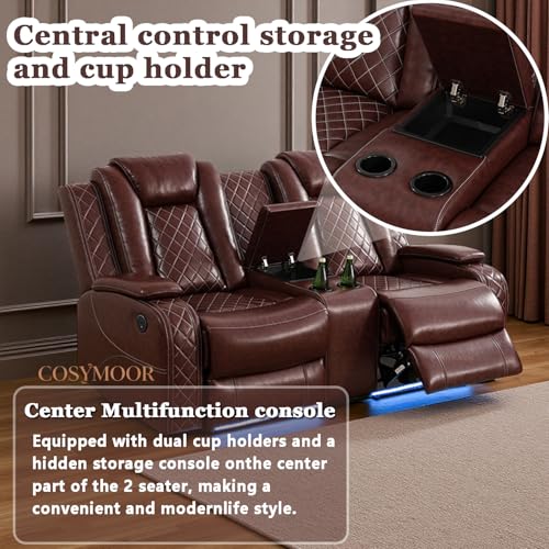 Image of Leather Power Reclining Sectional Sofa Set with LED Light,L Shaped Sofa Leather Sectional Set with 5 Recliner Seats,Modular Couch and Loveseat with USB Port,Cup Holder for Living Room Furniture