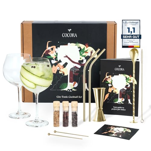 Set de Regalo Cocora Gin-Tonic | Juego de cóctel de 11 Piezas | Accesorios para Ginebra | Copas de cóctel Gin Tonic, Taza medidora, pajitas | Hierbas
