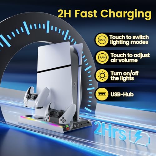 Image of Fenolical PS5 /PS5 Slim /Pro Stand with Adjustable Cooling Fan, Vertical PS5 Cooling Stand for PS5 /PS5 Slim /Pro, Multifunctional PS5 Cooling Station with Dual Controller Chargers and RGB Light