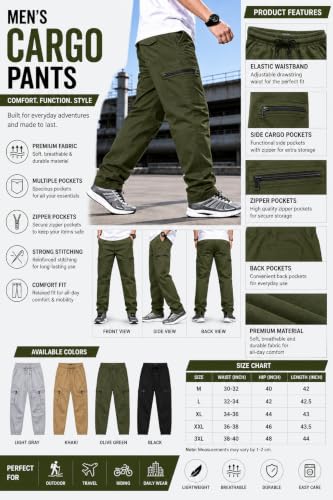 Image of Men's Pure Cotton Cargo Pants | Regular Fit Multi-Pocket Utility Trousers for Men | Solid Cargo Bottom Wear with Zip Pockets | Comfortable Casual Outdoor Wear