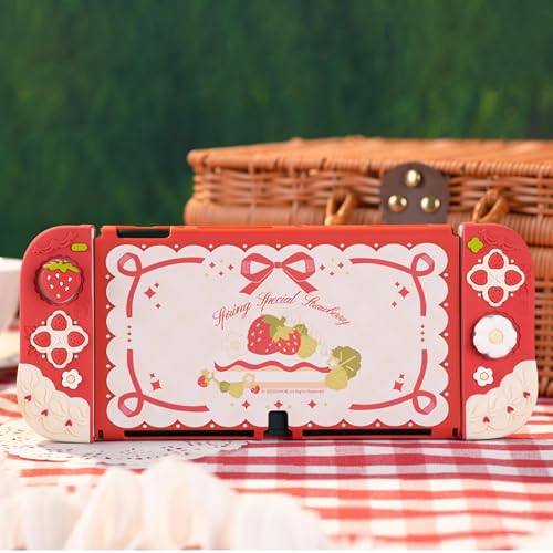 Image of GeekShare Protective Case for Switch OLED Slim Cover Case Compatible with Switch OLED Separable Soft Silicone Protective Shell for Joystick with 2 Thumb Grip Caps - Strawberries with Cream