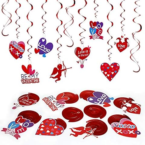LIHAO 30PCS Valentine's Day Hanging Swirl Decorations Red Decorations Foil Swirls Garland Heart Swirls Ceiling Cover
