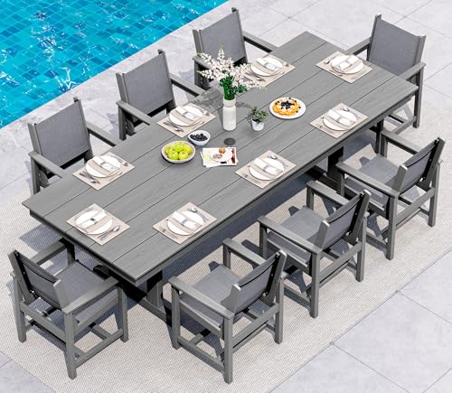 Image of SERWALL 9 Piece 84 inch HDPE Outdoor Dining Set for 8 with Textilene Chairs and Umbrella Hole, Gray /Light Gray
