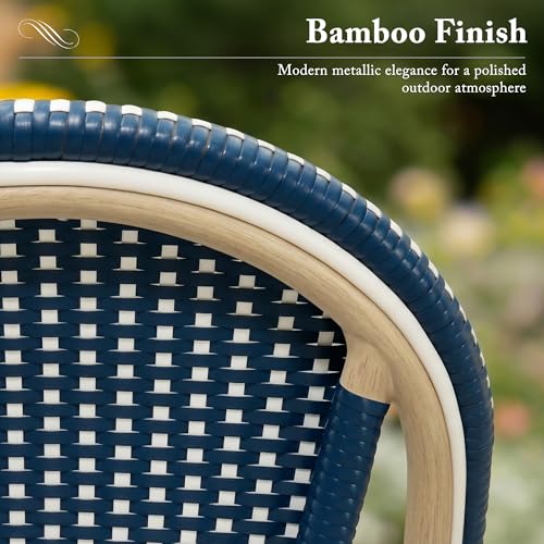 Image of PURPLE LEAF Patio Dining Chairs Set of 2 Outdoor French Aluminium Chairs in Champagne Finish Woven PE Rattan for Indoor Kitchen Deck Bistros Cafe Restaurant Navy Blue