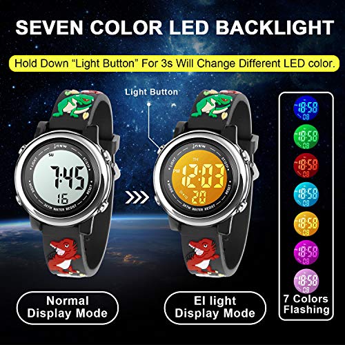 Kids Watch 3D Cartoon Toddler Wrist Digital Watch Waterproof 7 Color Lights with Alarm Stopwatch for 3-10 Year Boys Girls Little Child (Dinosaur A-Black)2