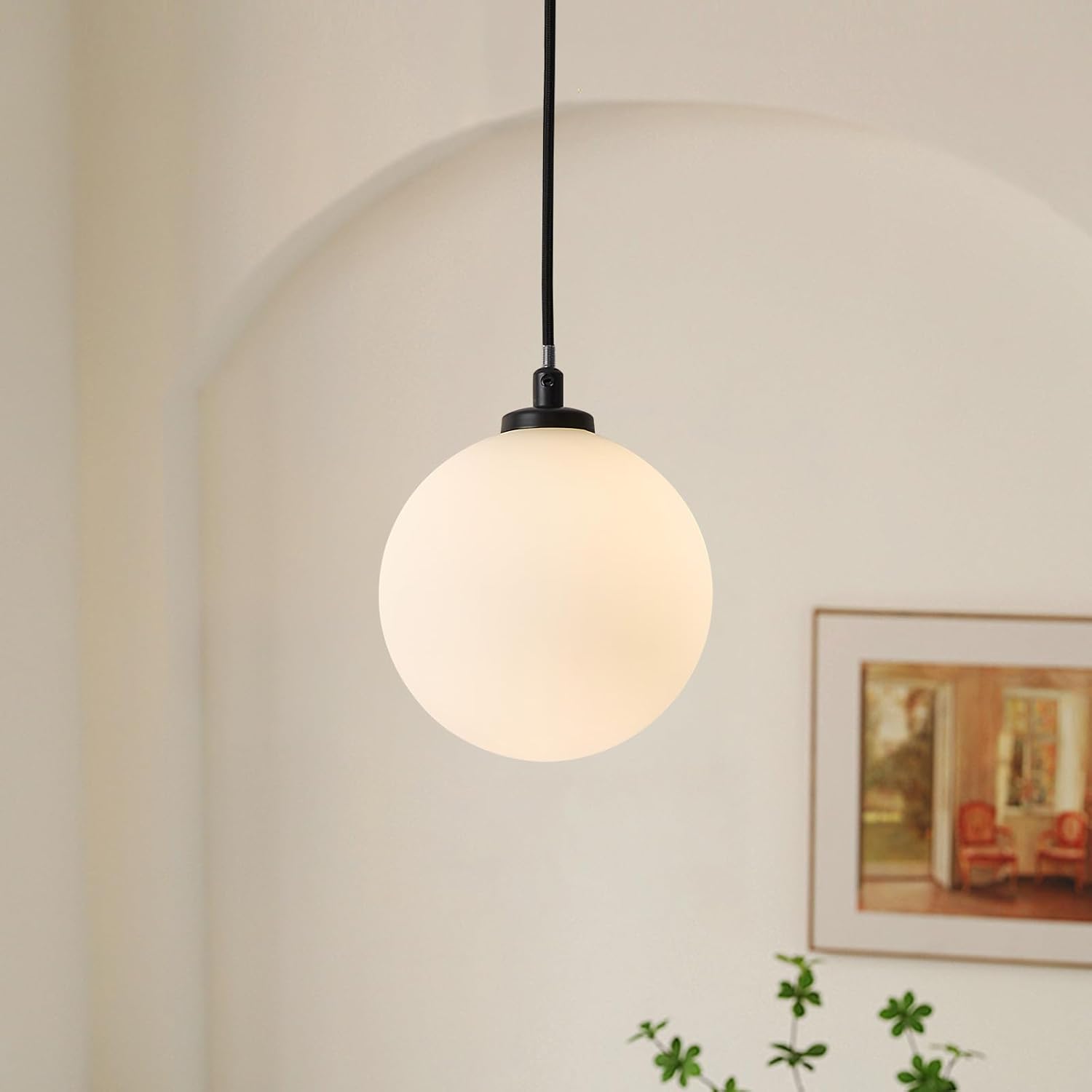 Mid Century Modern Chandelier, 1- Light Globe Glass Ceiling Hanging Chandelier, Black Pendant Light, White Spherical Blackout Bedside Lamp for Kitchen Island, Bedroom, Living Room, Dining Room