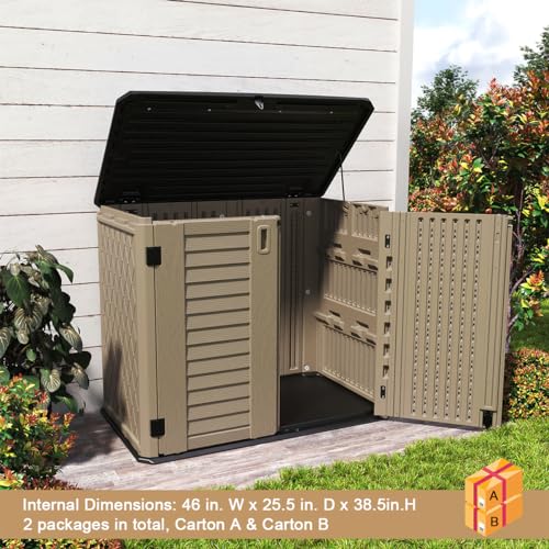 Image of KINYING Outdoor Storage Shed - Horizontal Storage Box Waterproof for Garden, Patios, Backyards, Multi-Opening Door for Easy Storage of Garbage Cans, Tools, Lawn Mower, 26 Cubic Feet,Brown