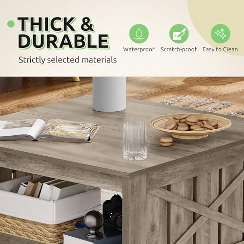 GOOBED Farmhouse Sqare Coffee Tables for Living Room with Storage, Grey Wash Coffee Table 2 Tier Spaciou Storage Shelf, Modern Center Table Small Coffee Tables, Rustic Grey