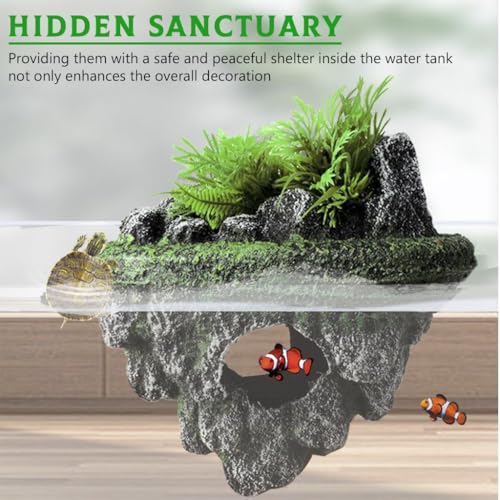 Image of Qpets Floating Betta Fish Tank Decor, Miniature Resin Toys Fish Aquarium Tank Decorative, Rocky Island Ornament Decor Thematic Ornaments with Hiding Cave & Realistic Green Foliage (13x9cm)