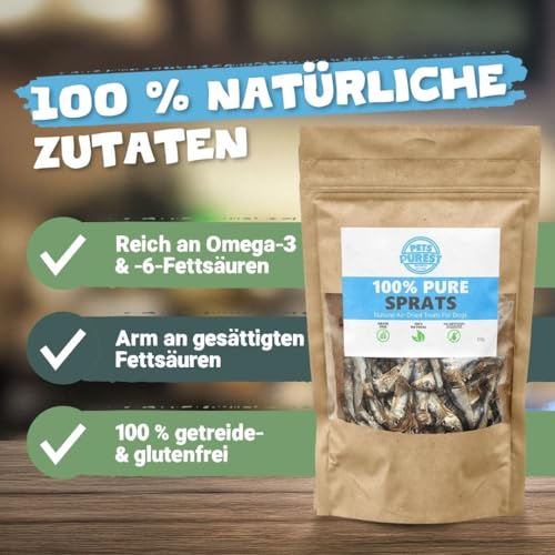 Pets Purest Sprotten Hundesnack & Katzensnack 100g - Natürlicher, luftgetrockneter Fischsnack für ausgewachsene/ältere Hunde, Welpen, Katzen - Getreide-, Gluten- & laktosefreie