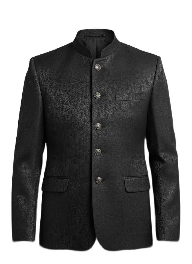 Men's Mandarin Collar Blazer, 5-Button Front, Black Textured Formal Suit Jacket-picture-49
