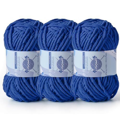 Image of 3 Pack Chunky Chenille Yarn for Crocheting, Baby Yarn for Crocheting Soft Blankets, Bulky Yarns for Crochet Amigurumi, 300g (223yds) Fluffy Velvet Yarns for Hand Knitting (3 Sapphire Blue)