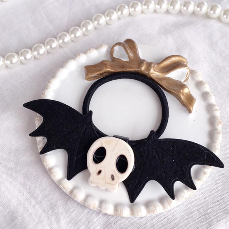 Angoily 4 Pcs Skull Hair Ties Black Ponytail Holder Stretch Halloween Hair Rope for Women Girls Gothic Bat Accessories for Halloween Decoration - Image 2