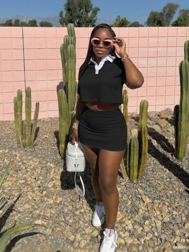 Image of HBQ Women's Casual 2 Piece Skirt Sets Polo Collar Crop Top Striped Mini Dress Summer Vacation-Stripe