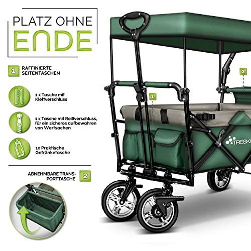 TRESKO® Bollerwagen faltbar mit Dach | Handwagen mit 2x3-Punkt Gurtsystem | Gartenwagen klappbar bis 80 kg | Transportwagen mit Vollgummi-Reifen + Vorder- und Hinter-Bremse + Tragetasche (Grün)