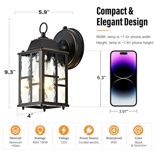 Image of OKELI 2-Pack Dusk to Dawn Outdoor Wall Lights, Weatherproof Exterior Lighting Fixture Wall Mount, Aluminum Ripple Glass Porch Light, Anti-Rust Outside Wall Sconce for House, Garage(Black&Gold-Trim)