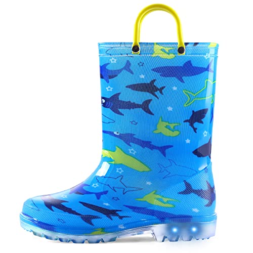 K KomForme Toddler Light Up Rain Boots Patterns and Glitter Rain Boots for Girls Boys with Handles,Blue shark,10