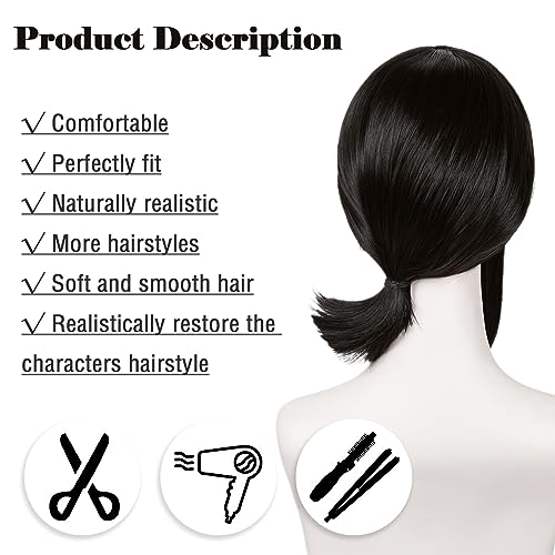 Image of LABEAUTE Short Black Wig + Hairpin for Women Girls Cosplay Wig with Ponytails for Halloween Party + Cap