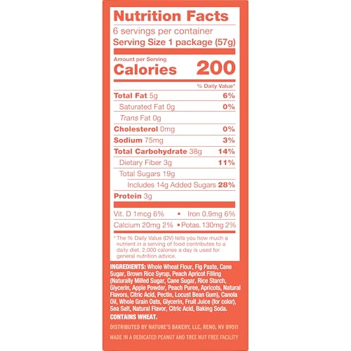 Image of Nature's Bakery Whole Wheat Fig Bars, Peach Apricot, Vegan Snacks, Non-GMO (6 Count of 2 Ounce Bars), 12 Ounce