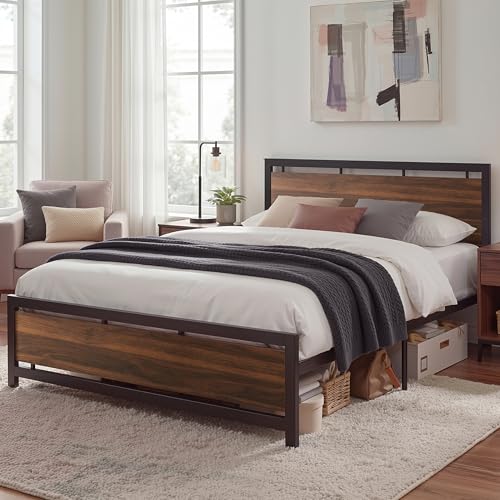 Image of LIKIMIO King Bed Frame with Headboard and Footboard, Metal Strong Supports, Easy Assembly, Noise-Free, No Box Spring Needed, Dark Walnut
