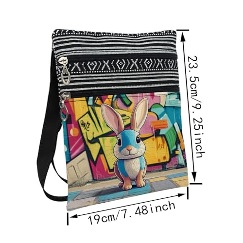 Street Art Rabbit Messenger Bag Small Ethnic Pattern Printed Adjustable Strap Crossbody Zipper Bag Street Art Rabbit Phone Bag Wallet Cute Shoulder Handbag for Women Friends -12