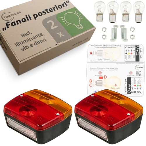 fouraces fanali posteriori per rimorchio - 2 set, con schema elettrico e illuminazione targa, fanale posteriore, trattore, carrello, luce, lampade per auto