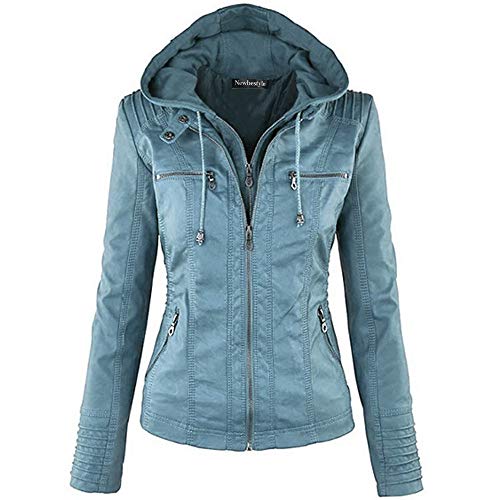 Newbestyle Veste Cuir Femme Fermeture Éclair Manteaux à Capuche Court Veste Blousons femme,blue,S