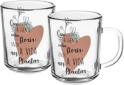 LYOR - Conjunto 2 Canecas em Vidro para Café com Frase ''Saiba Florir'' - Capacidade 220ml