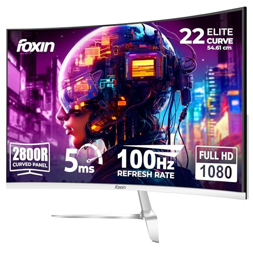 Image of Foxin Elite 22 Inch Curved LED Monitor | FHD 1080p | 100Hz Frameless & Anti-Glare | HDMI & VGA | 5ms | Wall Mountable | 2800R Curve | Curved PC Monitor for Gaming, Work | White
