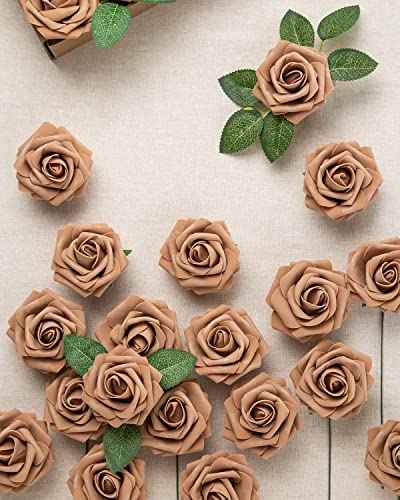 DuHouse 25Pcs Artificial Roses Flowers Fake Rose with Stems Real Touch Foam Flower Head for DIY Wedding Bridal Bouquet Baby Shower Centerpiece Floral Arrangement Party Home Decor(Coffee) - Image 3