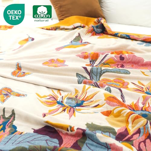 Image of VANJOROY King Extra Large Boho Throw Blanket Oversized 91 inch x 108 inch, 100% Organic Cotton Soft Bed Throw - Floral Bird Butterfly Pattern Farmhouse Blanket for Couch Sofa Chair and Gift.