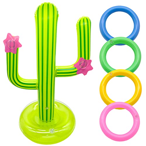 Inflatable Cactus Ring Toss Game Set with 4 Pcs Inflatable Rings - Hawaiian Pool Games Cactus for Summer Party Supplies Favors - Pool Beach Party Decoration Supplies