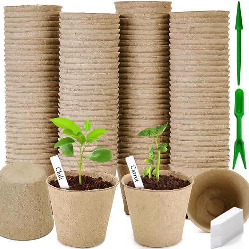 ZLPBAO 100Pcs pequeñas macetas de Semillas de Fibra biodegradables y 8cm Macetas Semillas Germinación, 100pcs Etiquetas Plantas+Herramientas Accesorios para Plantar Invernadero